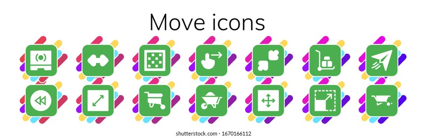 Modern Simple Set of move Vector filled Icons. Contains such as Touch screen, Backward, Resize, Chess board, Wheelbarrow, Swipe right and more Fully Editable and Pixel Perfect icons.