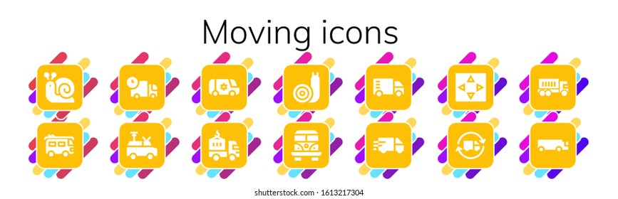 Modern Simple Set of moving Vector filled Icons. Contains such as Snail, Van, Truck, Delivery truck, Move, Cargo truck and more Fully Editable and Pixel Perfect icons.