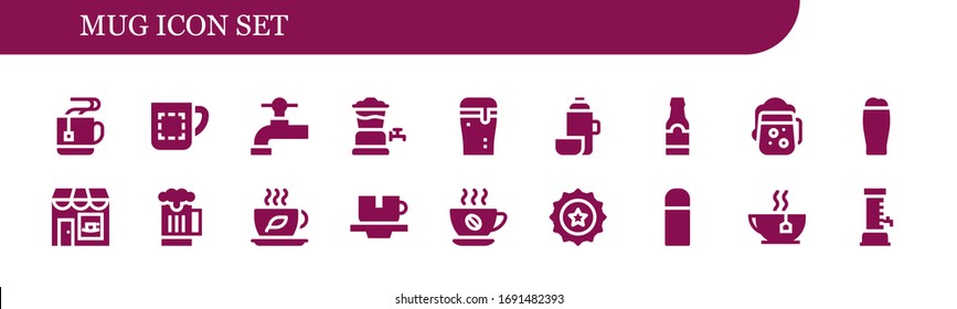 Modern Simple Set of mug Vector filled Icons. Contains such as Mug, Beer tap, Beer, Thermo, Beer bottle, Coffee shop, Tea, Cup and more Fully Editable and Pixel Perfect icons.