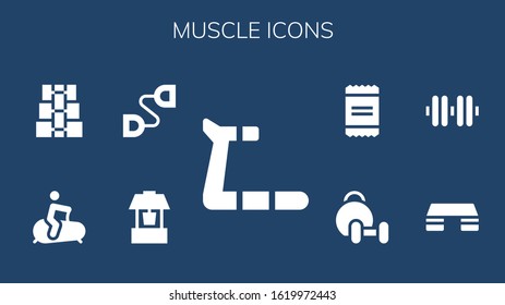 Modern Simple Set of muscle Vector filled Icons. Contains such as Treadmill, Well, Chest expander, Stationary bike, Dumbbell, Fitness step and more Fully Editable and Pixel Perfect icons.