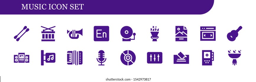 Modern Simple Set of music Vector filled Icons. Contains such as Earbuds, Drum, Trumpet, Encore, Alarm bell, Bouquet, Jpg, Slider and more Fully Editable and Pixel Perfect icons.