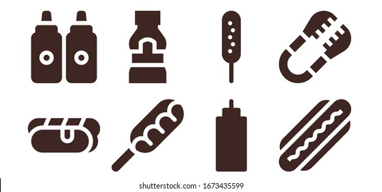 Modern Simple Set of mustard Vector filled Icons. Contains such as Hot dog, Sauces, Mustard, Sauce, Corndog, Tongs and more Fully Editable and Pixel Perfect icons.