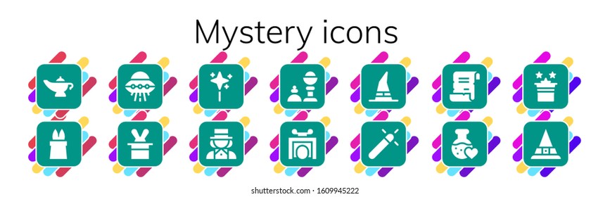 Modern Simple Set of mystery Vector filled Icons. Contains such as Magic lamp, Magic, Ufo, Magician, Wand, Magic trick, Trick and more Fully Editable and Pixel Perfect icons.