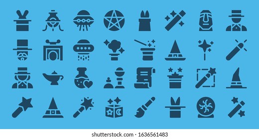 Modern Simple Set of mystery Vector filled Icons. Contains such as Magician, Magic wand, Alchemy, Trick, Magic lamp, Witch, Ufo and more Fully Editable and Pixel Perfect icons.