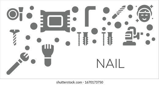 Modern Simple Set of nail Vector filled Icons. Contains such as Make up, Makeup remover, Screw, Makeup, Allen keys, Nail file and more Fully Editable and Pixel Perfect icons.