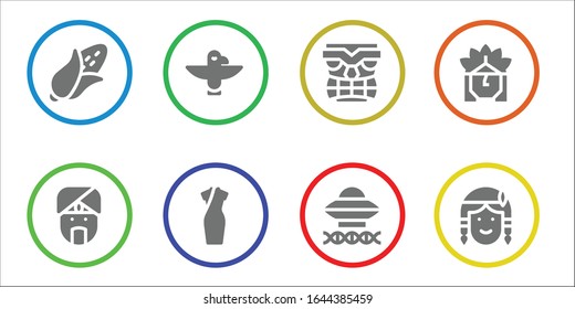 Modern Simple Set of native Vector filled Icons. Contains such as Corn, Indian, Totem, Cheongsam, Tiki, Ancient aliens, Native american and more Fully Editable and Pixel Perfect icons.