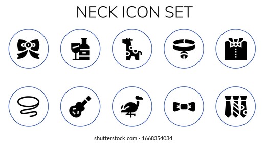 Modern Simple Set of neck Vector filled Icons. Contains such as Bow tie, Tie, Wine bottle, Electric guitar, Giraffe, Flamingo and more Fully Editable and Pixel Perfect icons.