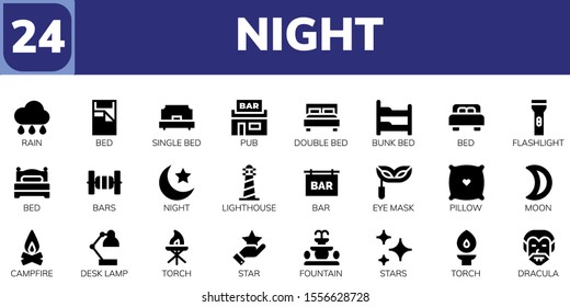 Modern Simple Set of night Vector filled Icons. Contains such as Rain, Bed, Single bed, Pub, Double bed, Bunk Flashlight and more Fully Editable and Pixel Perfect icons.