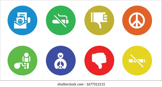 Modern Simple Set of no Vector filled Icons. Contains such as Peace, Restriction, No smoking, Thumbs down, Dislike, No smoke and more Fully Editable and Pixel Perfect icons.