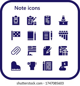 Modern Simple Set of note Vector filled Icons. Contains such as Notepad, Test, Phone book, Reception, Finish flag, Sketchbook and more Fully Editable and Pixel Perfect icons.