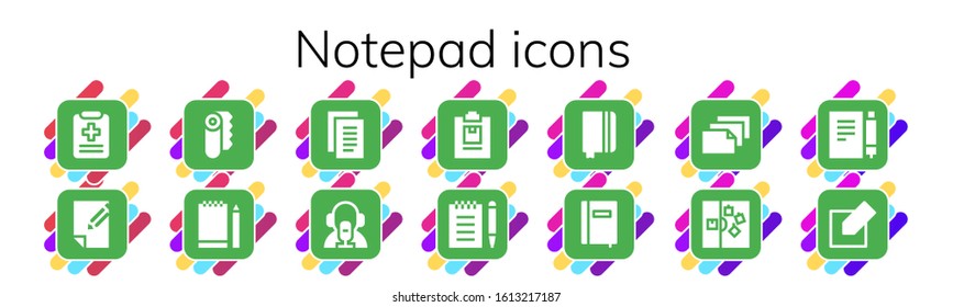 Modern Simple Set of notepad Vector filled Icons. Contains such as Medical report, Paper, Sketchbook, Notes, News reporter, Notepad and more Fully Editable and Pixel Perfect icons.