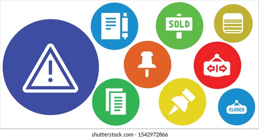 Modern Simple Set of notice Vector filled Icons. Contains such as Warning, Note, Sold, Notes, Push pin, Open, Closed and more Fully Editable and Pixel Perfect icons.