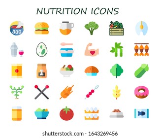 Modern Simple Set of nutrition Vector flat Icons. Contains such as dog food, hamburguer, pot, broccoli, vegetables, salmon, shaker and more Fully Editable and Pixel Perfect icons.