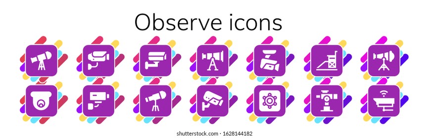 Modern Simple Set of observe Vector filled Icons. Contains such as Telescope, Cctv, Surveillance, Security camera, Hidden camera and more Fully Editable and Pixel Perfect icons.