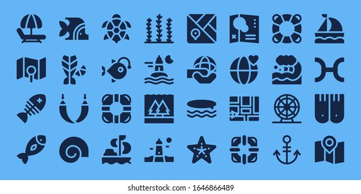 Modern Simple Set of ocean Vector filled Icons. Contains such as Hammock, Map, Fish, Shell, Turtle, Anglerfish, Lifesaver, Sailing and more Fully Editable and Pixel Perfect icons.