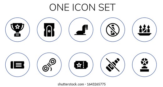 Modern Simple Set of one Vector filled Icons. Contains such as Trophy, Ticket, Sharpener, Rope, Sea lion, No alcohol, Candles and more Fully Editable and Pixel Perfect icons.