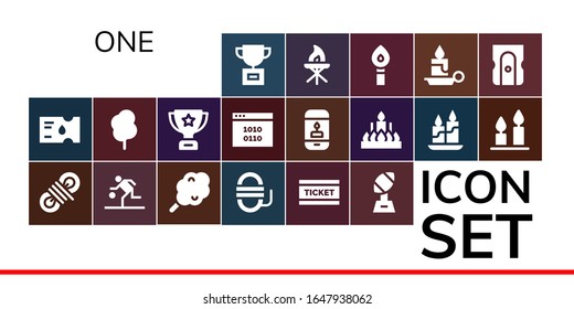 Modern Simple Set of one Vector filled Icons. Contains such as Trophy, Ticket, Rope, Basketball, Cotton candy, Binary code, Candle and more Fully Editable and Pixel Perfect icons.
