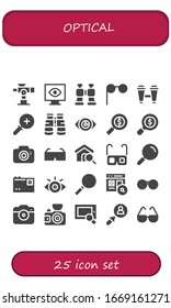 Modern Simple Set of optical Vector filled Icons. Contains such as Telescope, View, Binoculars, Glasses, Zoom in, Vision, Search and more Fully Editable and Pixel Perfect icons.