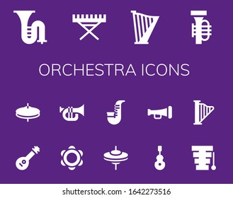 Modern Simple Set Of Orchestra Vector Filled Icons. Contains Such As Trombone, Electric Piano, Harp, Tuba, Mandolin, Cymbals, Tambourine And More Fully Editable And Pixel Perfect Icons.