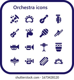 Moderno Conjunto Simple de orquesta Vector relleno de íconos. Contiene tales como Trumpet, Tambourine, Mandolin, Tuba, Violin, Bagpipes, Maraca y más iconos Totalmente Editables y Pixel Perfect.