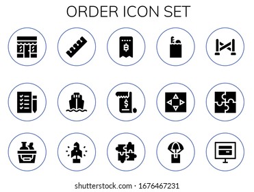 Modern Simple Set of order Vector filled Icons. Contains such as Grocery, Shopping list, Finger, Cargo ship, Invoice, Groceries and more Fully Editable and Pixel Perfect icons.