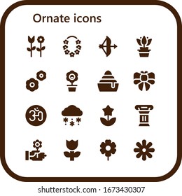 Modern Simple Set of ornate Vector filled Icons. Contains such as Flower, Bow, Flowers, Frozen, Om, Snow, Column and more Fully Editable and Pixel Perfect icons.