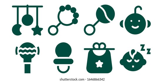 Modern Simple Set of pacifier Vector filled Icons. Contains such as Rattle, Crib toy, Dummy, Bib, Baby boy and more Fully Editable and Pixel Perfect icons.