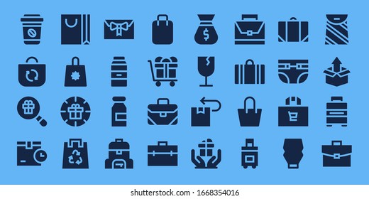 Modern Simple Set of pack Vector filled Icons. Contains such as Take away, Bag, Gift, Package, Shopping bag, Eco bag, Milk, Briefcase and more Fully Editable and Pixel Perfect icons.