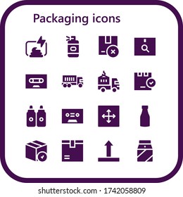 Modern Simple Set of packaging Vector filled Icons. Contains such as Compost, Spray bottle, Package, Tape, Truck, Delivery truck and more Fully Editable and Pixel Perfect icons.