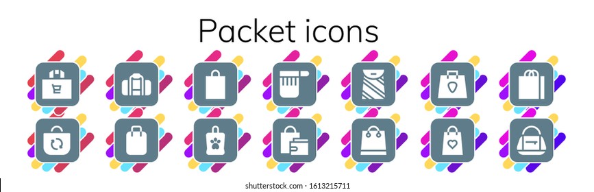 Modern Simple Set of packet Vector filled Icons. Contains such as Shopping bag, Bag, Gift bag and more Fully Editable and Pixel Perfect icons.