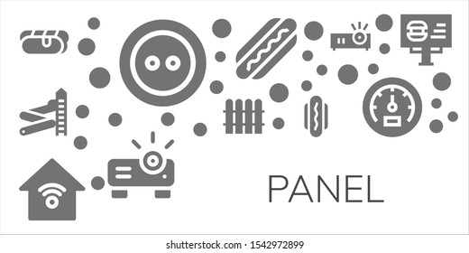 Modern Simple Set of panel Vector filled Icons. Contains such as Hot dog, Button, Slider, Fence, Smart house, Projector, Speedometer and more Fully Editable and Pixel Perfect icons.