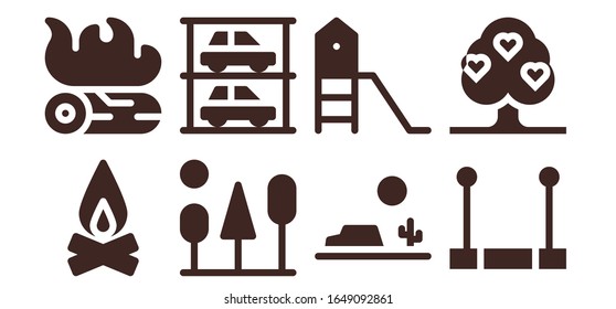 Modern Simple Set of park Vector filled Icons. Contains such as Campfire, Trees, Parkings, Desert, Playground, Trapeze, Tree and more Fully Editable and Pixel Perfect icons.