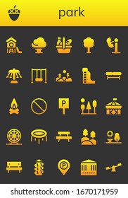 Modern Simple Set Of Park Vector Filled Icons. Contains Such As Park, Acorn, Tree, Picnic, Amusement Park, Carousel, Swing, Forest And More Fully Editable And Pixel Perfect Icons.