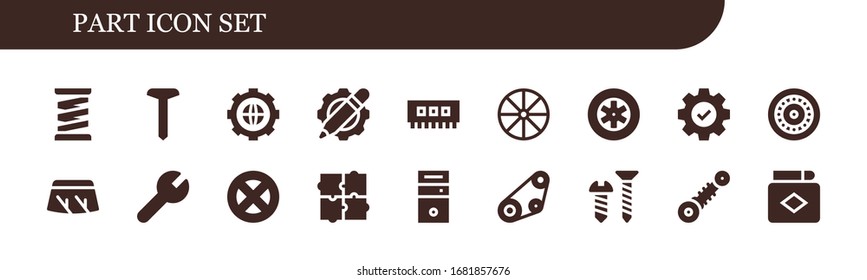 Modern Simple Set of part Vector filled Icons. Contains such as Spring, Screw, Settings, Ram, Wheel, Wheels, Windshield, Puzzle and more Fully Editable and Pixel Perfect icons.