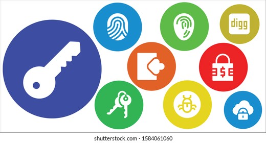 Modern Simple Set of password Vector filled Icons. Contains such as Key, Fingerprint, Keys, Bug, Login, Padlock, Digg, Security and more Fully Editable and Pixel Perfect icons.