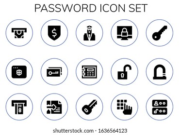 Modern Simple Set of password Vector filled Icons. Contains such as Atm, Antivirus, Protection, Key, Security, Safebox, Padlock and more Fully Editable and Pixel Perfect icons.