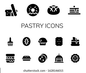 Modern Simple Set of pastry Vector filled Icons. Contains such as Bread, Doughnut, Pancakes, Scone, Cupcake, Pie, Sourdough, Cookie and more Fully Editable and Pixel Perfect icons.