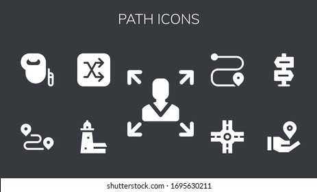 Modern Simple Set of path Vector filled Icons. Contains such as Decision making, Split point, Shuffle, Track, Leash dog, Location pin and more Fully Editable and Pixel Perfect icons.
