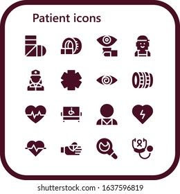 Modern Simple Set of patient Vector filled Icons. Contains such as Sling, Tomography, Lens, Checker, Nurse, Clinic, Fatigue, Cardiogram and more Fully Editable and Pixel Perfect icons.