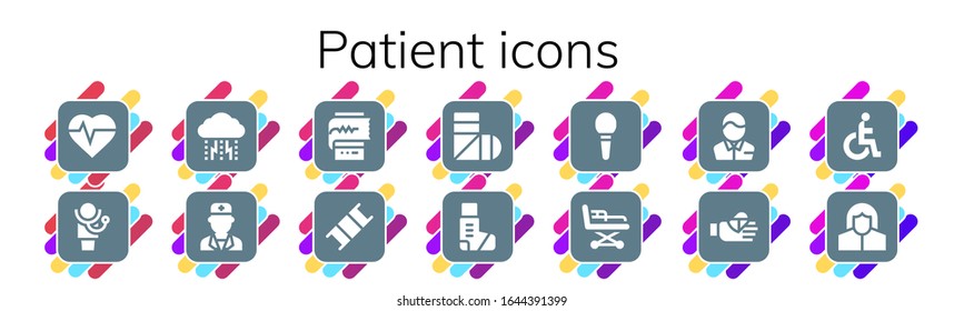 Modern Simple Set of patient Vector filled Icons. Contains such as Heartbeat, Doctor, Depression, Cardiogram, Stretcher, Sling and more Fully Editable and Pixel Perfect icons.