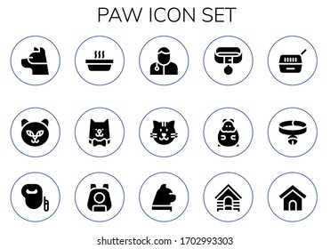 Modern Simple Set of paw Vector filled Icons. Contains such as Dog, Cat, Veterinarian, Collar, Hamster, Pet, Leash dog, Dog house and more Fully Editable and Pixel Perfect icons.