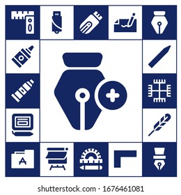 Modern Simple Set of pen Vector filled Icons. Contains such as Rulers, Glue, Paint tube, Pen, Signature, Pencil, Gnosticism, Feather pen and more Fully Editable and Pixel Perfect icons.