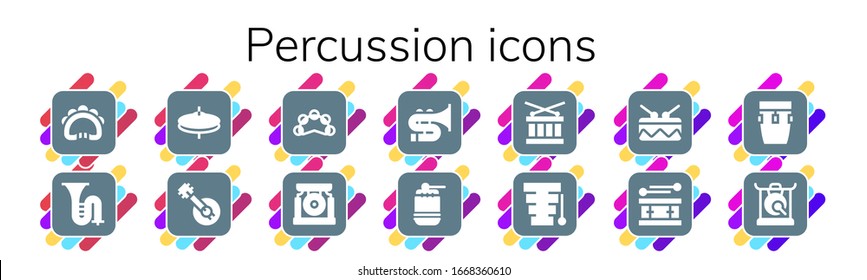 Modern Simple Set of percussion Vector filled Icons. Contains such as Tambourine, Trombone, Cymbals, Banjo, Gong, Drum, Xylophone and more Fully Editable and Pixel Perfect icons.