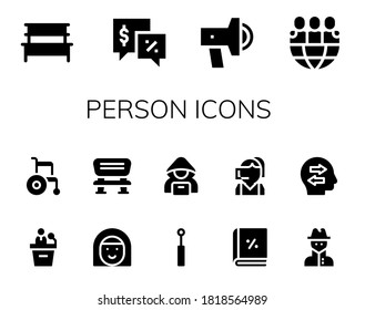 Modernes, einfaches Set von Personen Vector gefüllt Symbole. Enthält z. B. Bench, Talk, Promotion, Freunde, Präsentation, Rollstuhl, Avatar und mehr vollständig editierbare und Pixel perfekte Symbole.