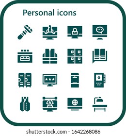 Modern Simple Set of personal Vector filled Icons. Contains such as Razor, Computer, Recorder, Vest, Lockers, Language, Locker and more Fully Editable and Pixel Perfect icons.