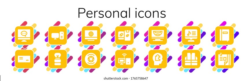 Modern Simple Set of personal Vector filled Icons. Contains such as Computer, Cheque, Shaving brush, Badge, Computing, Personal computer and more Fully Editable and Pixel Perfect icons.