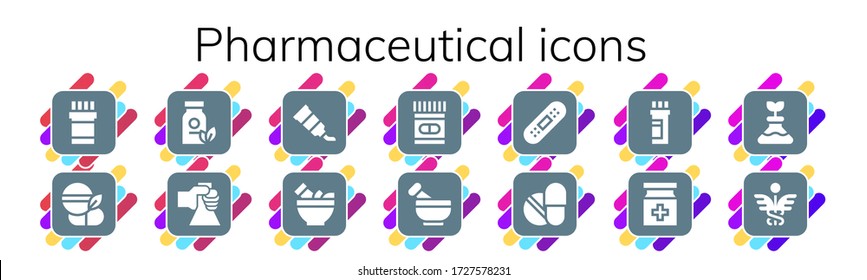 Moderne einfache Set von pharmazeutischen Vector gefüllt Icons. Enthält u.a. Medizin, Flasche, Tube, Mortar, Verband, Pillen, Caduceus und weitere vollständig bearbeitbare und Pixel Perfect Icons.