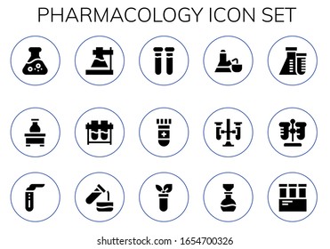 Moderne einfache Set von pharmakologischer Vektorillustration füllte Symbole. Enthält z. B. Flasche, Teströhren, Bluttest, Reagenzglas und mehr vollständig bearbeitbare und Pixel perfekte Symbole.