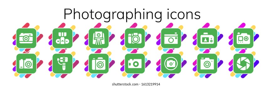 Modern Simple Set of photographing Vector filled Icons. Contains such as Camera, Selfie, Photo camera and more Fully Editable and Pixel Perfect icons.