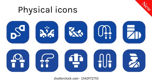 Modern Simple Set of physical Vector filled Icons. Contains such as Chest expander, Accident, Plastered arm, Jumping rope, Sling and more Fully Editable and Pixel Perfect icons.